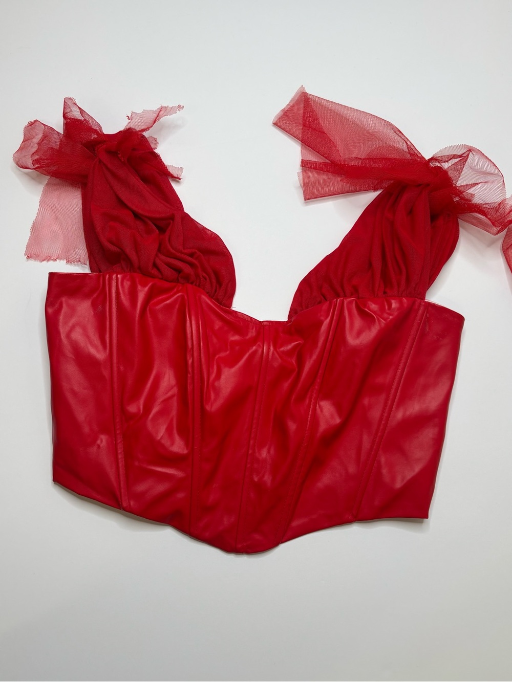 Red Faux Leather Bustier Top with Tulle Tie Straps Sz XL